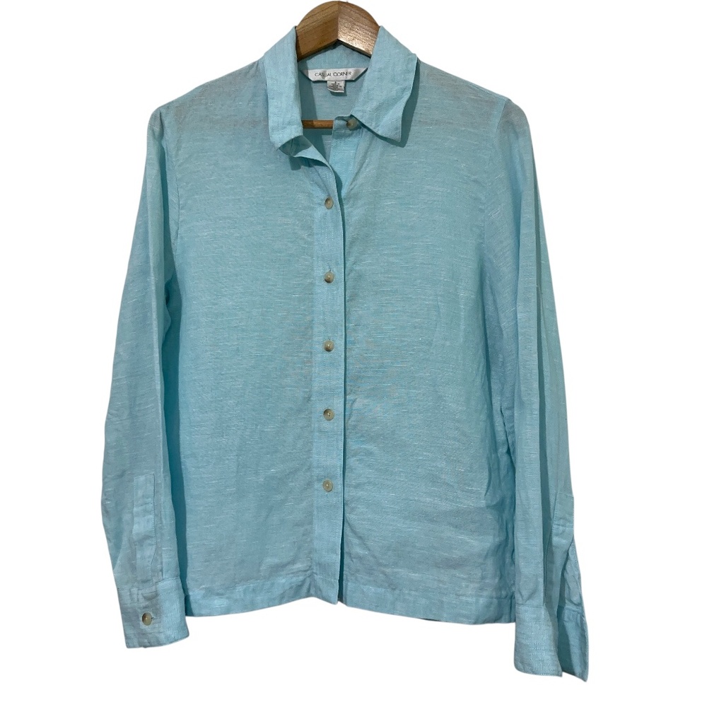Casual Corner Blue Linen Button Down Shirt Womens Size M Fall Casual